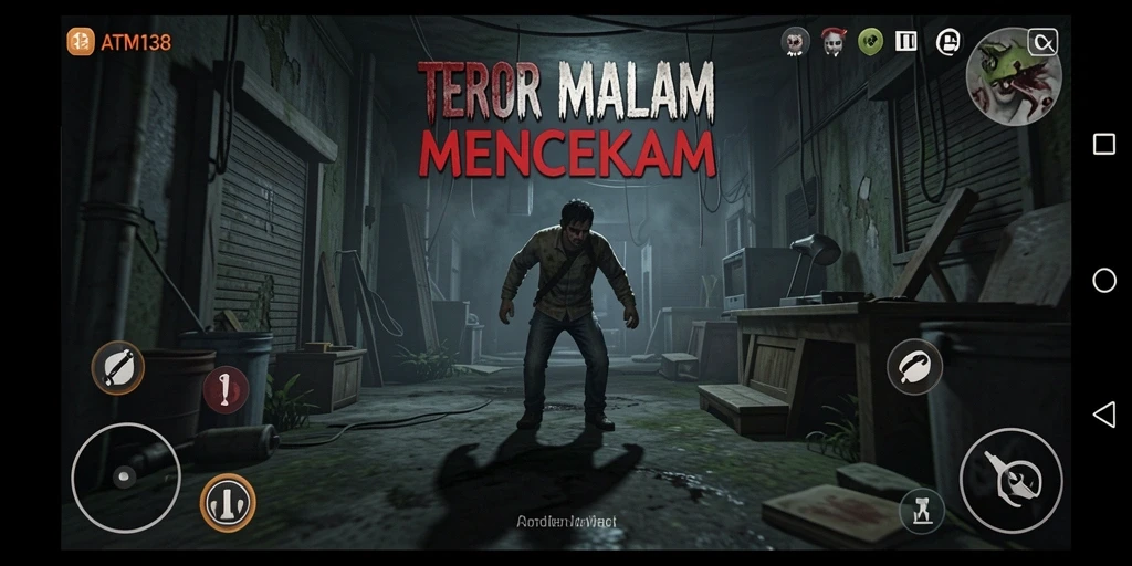 Screenshot utama <strong>ATM138</strong> menunjukkan momen ketegangan saat pemain menghadapi makhluk menyeramkan.