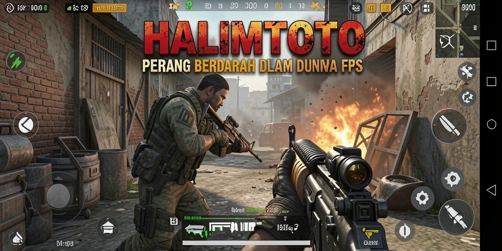 Tangkapan layar dari gameplay HALIMTOTO yang menunjukkan pertempuran FPS yang mendebarkan.