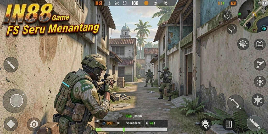 Tangkapan layar gameplay IN88 menampilkan aksi tembak-menembak yang intens.