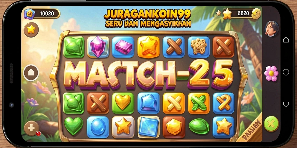 Screenshot permainan JURAGANKOIN99 menampilkan gameplay Match-3 yang mengasyikkan.