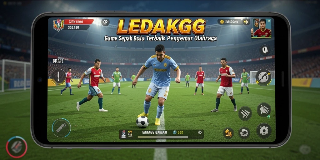 Screenshot utama LEDAKGG menampilkan suasana pertandingan sepak bola yang mendebarkan.