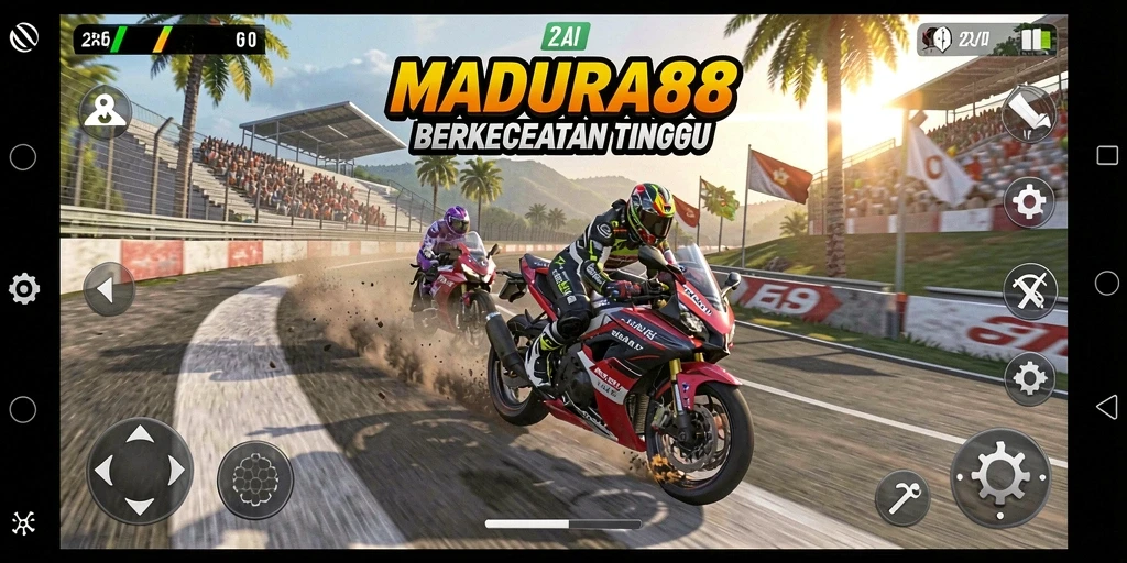 Gameplay cepat dan mendebarkan dalam MADURA88 yang menampilkan balapan motor.