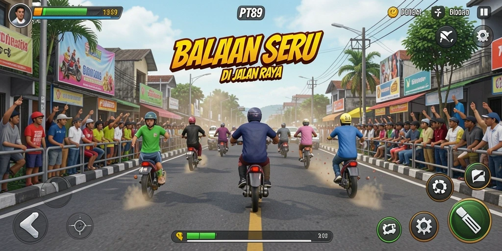 Screenshot dari gameplay balapan PT89 yang menampilkan aksi seru di lintasan.