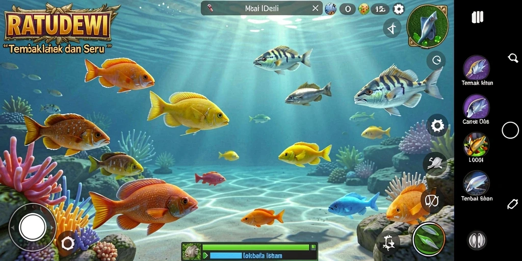 Tampilan gameplay <strong>RATUDEWI</strong> yang menarik dan penuh warna, menembak ikan dengan senjata.