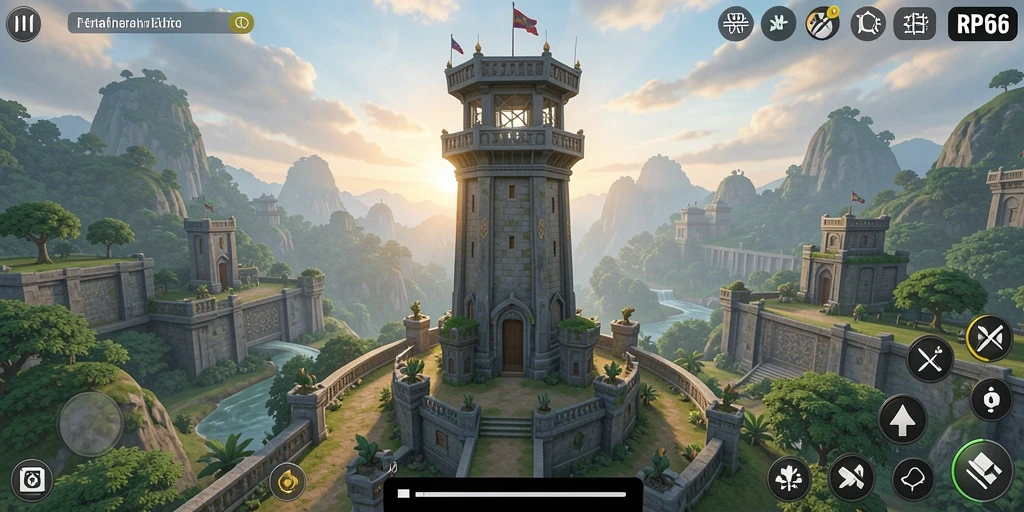 Screenshot gameplay RP66 dengan menara pertahanan yang strategis.