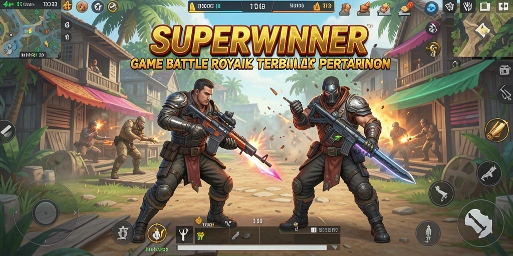 Tangkapan layar utama SUPERWINNER menampilkan pertempuran epik dalam arena.